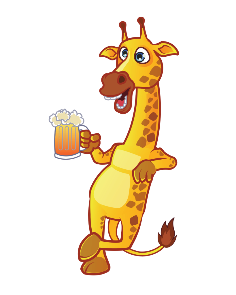 une giraphe buvant une bière accouché sur un bar invisible